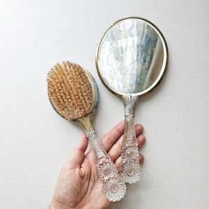 🪞 Early 1900s Antique Vanity Mirror & Brush Set Guilloché Style Glass Handles